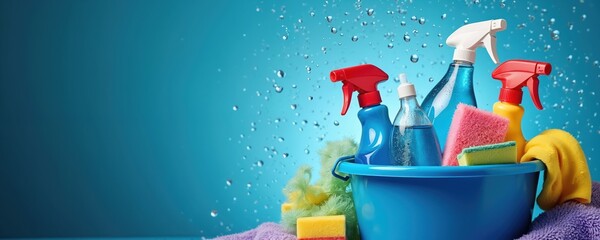 Blue bucket filled with cleaning supplies like spray bottles, sponges, cloths. Water droplets in background suggest tidiness, freshness. Ideal for household chores, hygiene tips, commercial cleaning