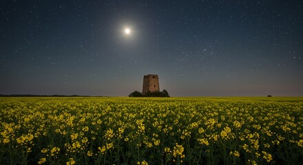 Illuminated tower amidst a vibrant yellow field under a starry night sky. The moon shines brightly