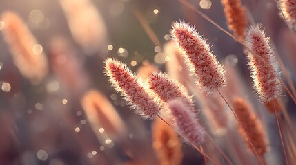 Close-up of fluffy plant stalks with soft bokeh and sunlight creating a dreamy, ethereal atmosphere.