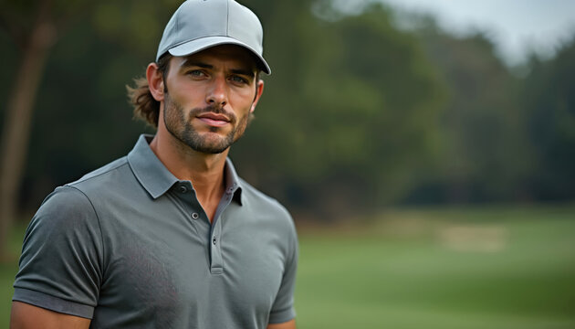 Young handsome man wearing gray polo shirt, cap. Stands on golf course with green grass, blurred trees. Model wears modern sport fashion clothing for activity. Poses confidently, looking at camera,