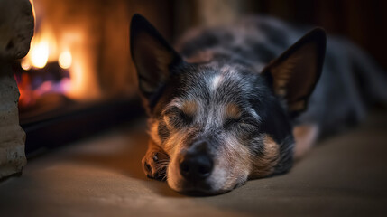 Dog rests by a warm fireplace in the living room. Warm firelight creates a cozy, relaxed mood.