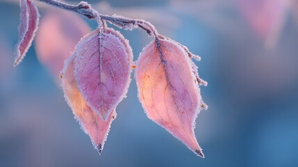 Close-up of two frosted leaves on a branch in soft morning light.