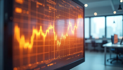 Glowing financial chart data shown on computer screen. Upswing and downswing trends visible on graph. Office background blurred with desks, chairs, windows. Data analytics on display.