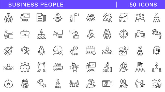 Business people icon set. Community icons in line style. Editable web icons for team, partnership, collaboration, leadership, management, workshop, employee, businessman etc. Vector illustration.