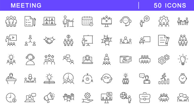 Meeting in line style set. Editable web icons for conference, business meating, discussion, planning, event, teamwork, seminar etc. Vector illustration.