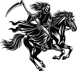 Fototapeta premium Grim Reaper on horse, death rider, skeleton with scythe, black and white illustration, horror concept, dramatic motion, vector art