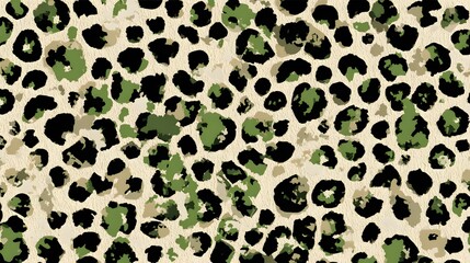 Repeating organic pattern featuring abstract dark spots in shades of green and black set against a textured, light beige background, ideal for fashion designs and textile applications with a...