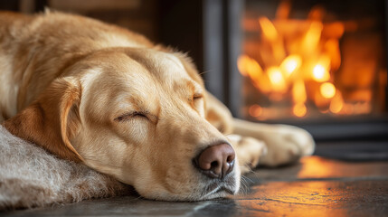 Golden retriever sleeping by a warm fireplace in the living room. Firelight creates a calm cozy mood.