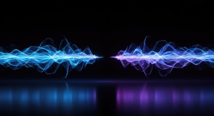 Abstract blue and purple energy waves colliding and amplifying in a dark, empty field, demonstrating the concept of resonance ,purple ,analysis ,physics