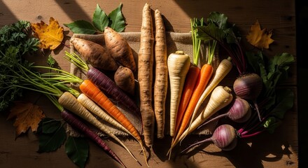 A Stunning Presentation Of Harvested Root Vegetables on a Rustic Wooden Surface