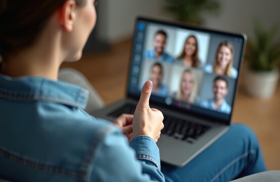 Woman sits on sofa in home office participating in video conference. She gives thumbs up during online meeting with colleagues on laptop screen. Casual work from home setup.