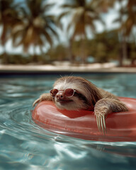 Fototapeta premium Sloth wearing sunglasses lounges on a red inflatable ring in a pool. Crisp sunlight bathes the pool.