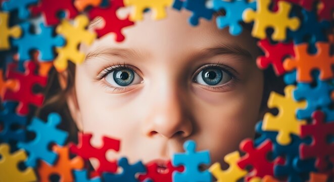 Childs face framed by vibrant, colorful puzzle pieces, symbolizing autism awareness, developmental diversity, and inclusive support