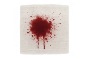Blood splatter and drips on white medical gauze pad, indicating injury, wound treatment, or forensic evidence, transparent background
