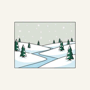 Minimalist Winter Landscape Illustration with Snowy Hills and River