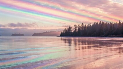 Iridescent Horizon Calm Sea Water Landscape Colorful Rainbow Sky Reflecting On The Ocean Shoreline Nature Scenery Outdoor Coastline Environment Backgrounds