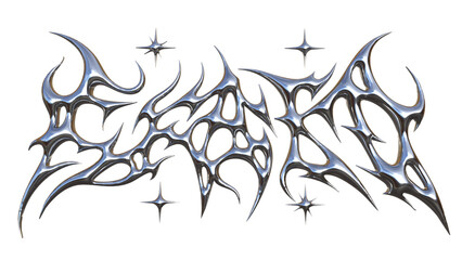 3D Chrome Tribal Metal Typography with Sharp Abstract Spikes and Glossy Silver Engraved Lettering...