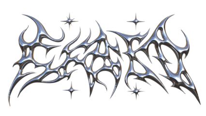 3D Chrome Tribal Metal Typography with Sharp Abstract Spikes and Glossy Silver Engraved Lettering – Futuristic Brutalist Metallic Text Design with Shiny Star Accents