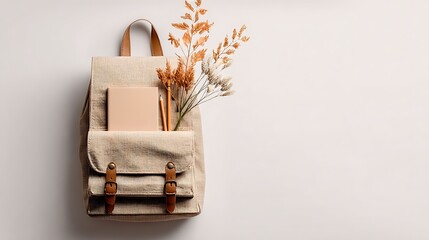 tan backpack with autumn leaves isolated on white background