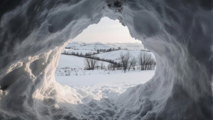 Snow Cave View - Winter Landscape Through an Icy Opening.