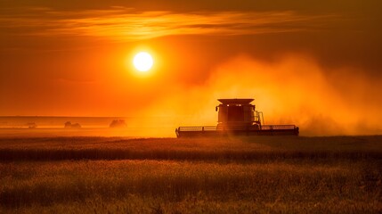 Fototapeta premium Combine harvester working in a field at sunset, creating dust clouds.