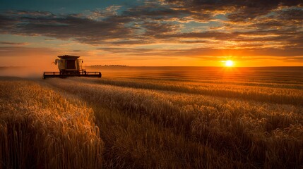 Fototapeta premium Combine Harvester Working in a Golden Wheat Field at Sunset, Harvesting Season.