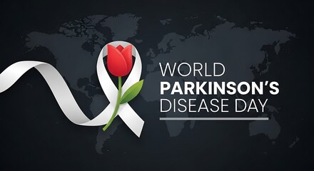 World parkinsons disease day illustration featuring a white awareness ribbon and a vibrant red tulip, set against a dark world map