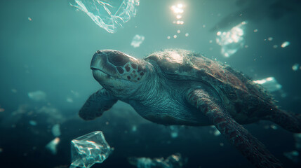 Sea turtle glides through the ocean. Plastic debris drifts in the water around the turtle.