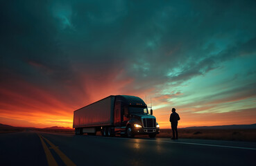 Obraz premium Man stands by big semi-truck on desert highway. Dramatic sunset sky paints horizon orange with teal clouds overhead. Trucker takes a break from long haul journey, showing transport and solitude.
