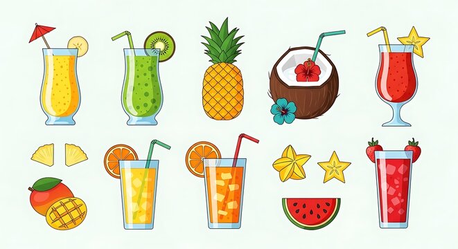 Collection of Tropical Fruits and Refreshing Drinks for Summer Season.