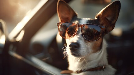 Cool Jack Russell Terrier Dog Wearing Sunglasses in a Car.