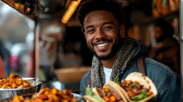 Young African American man smiling at street food market with tacos and fried food in foreground, wearing denim jacket and scarf. - Powered by Adobe