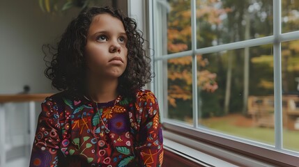 Young girl with curly hair in colorful patterned sweater gazing thoughtfully through window at autumn foliage, conveying contemplation and childhood wonder.