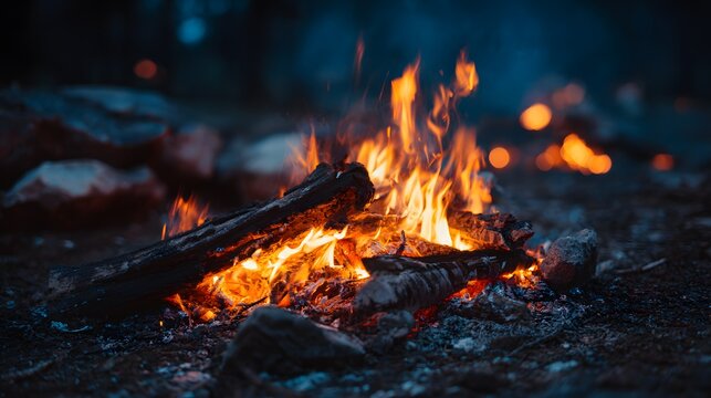 Cozy campfire burning brightly in the dark night woods.