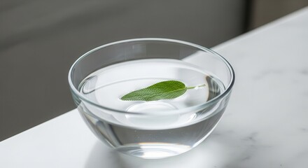 A Green Sage Leaf Floats Calmly Within a Transparent Bowl of Water Outdoors