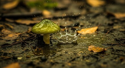 A Green Mushroom Stands Beside a Water Drop That Creates a Crown Shape