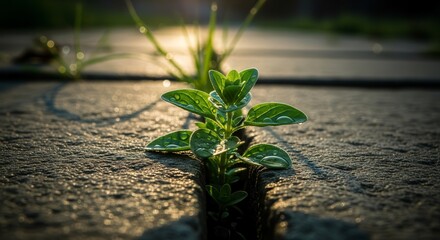 A Green Plant Emerges Triumphant From A Crack In The Pavement Surprised by the light