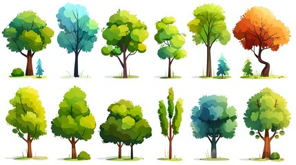 Colorful watercolor trees collection with various shapes and seasonal colors for landscape design, environmental illustrations, and nature-themed projects.