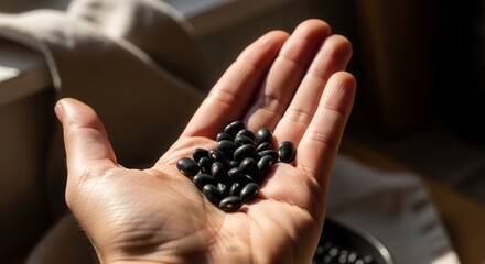 A Handful Of Black Beans Held In the Sun, Illustrating Food and Culinary Concepts