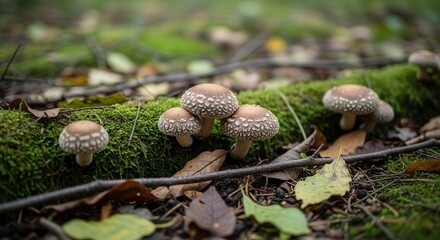 A Group Of Fungi Species Emerging On A Decaying Forest Log For Illustration