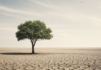 A single, robust tree stands defiant on dry, cracked earth stretching toward the horizon under a pale sky, symbolizing resilience and solitude ,distant ,one ,vast