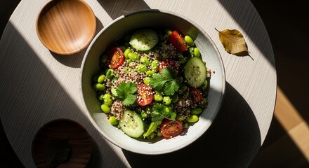 A Healthy Delicious Vegan Salad Artfully Placed On A Bright Wood Table