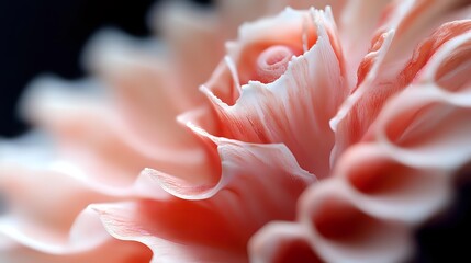 Delicate coral pink flower petals in extreme close-up against dark background, showcasing soft curves and layered texture for nature photography.