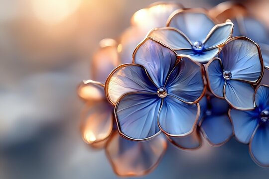 Delicate blue hydrangea flowers with copper-edged petals in soft focus, creating dreamy atmosphere for wedding invitations and romantic designs.