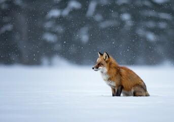 Obraz premium A solitary red fox pauses briefly in a deep snowy landscape during a very cold winter day, its thick fur insulating it from the freezing elements ,animal ,mammal ,fox