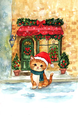 Scena natalizia con un gattino davanti a un edificio con decorazioni natalizie, illustrazione ad acquerello