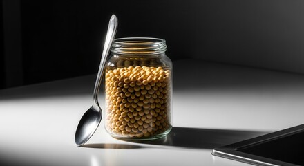 A Jar Of Soybeans with A Spoon, Culinary Still Life Photography on White Surface