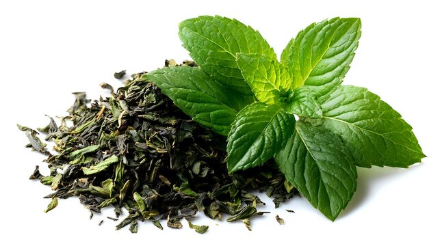Fresh green mint leaves next to pile of dried tea herbs on white background, aromatic culinary ingredient for beverages and cooking. - Powered by Adobe