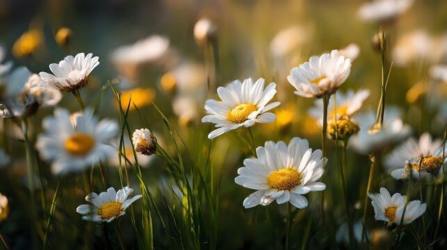 White daisies with yellow centers blooming in green grass at sunset, creating dreamy bokeh effect for nature backgrounds and summer meadow concepts.