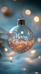 Transparent glass Christmas ornament with "Merry Christmas" text and gold stars against soft bokeh lights background for holiday greeting cards.